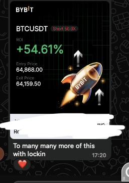 A Bybit position screenshot showing +54.61% ROI, sent with the message “To many many more of this with lockin”.
