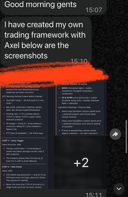 Message from a trader: “I have created my own trading framework with Axel below are the screenshots”, followed by the framework itself.